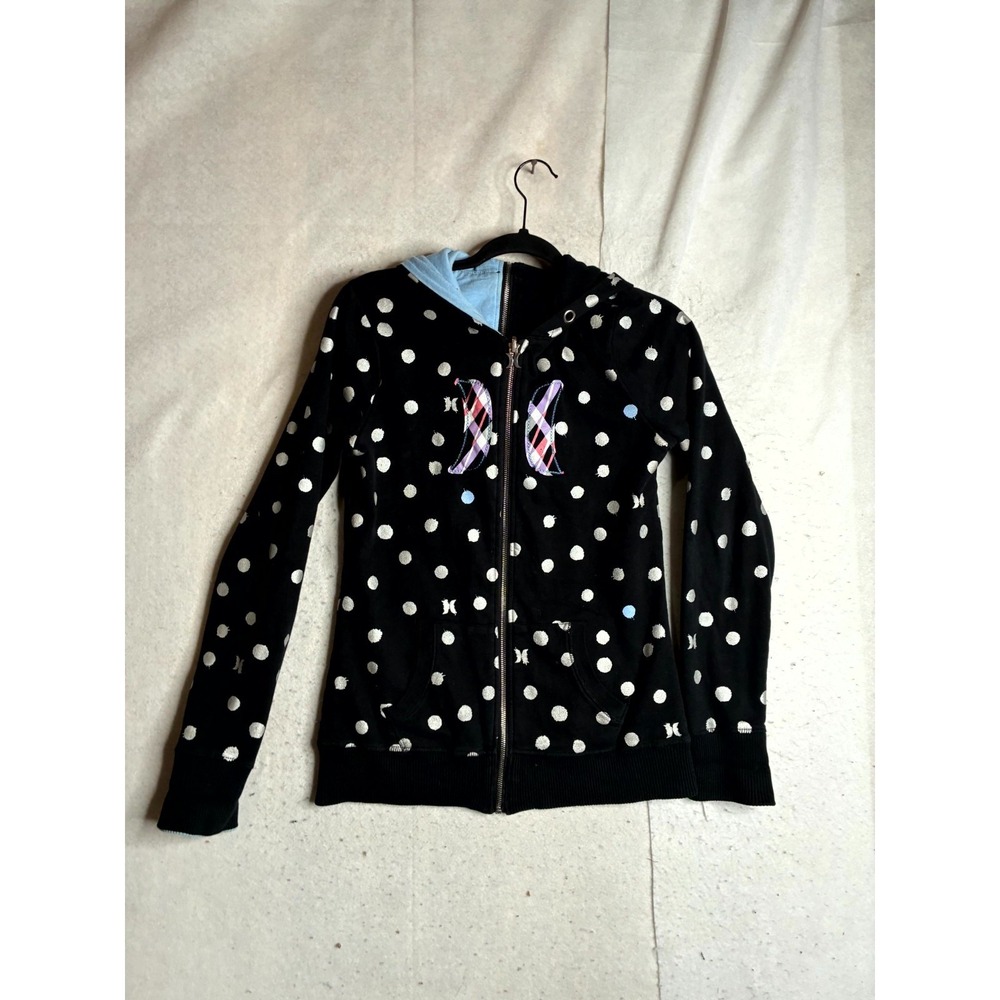 Hurley Reversible Hoodie Girls Black Blue Polka Dot Embroidered Hooded Full Zip